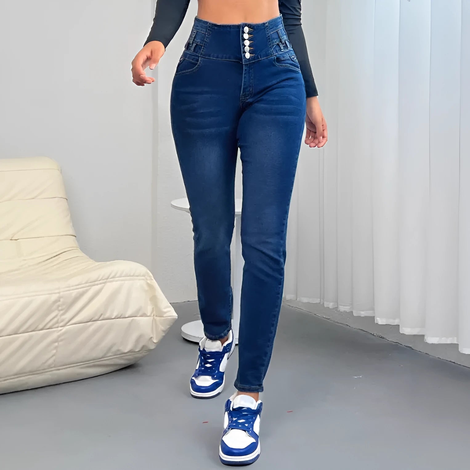Women's dark blue straight-leg breasted denim trousers with button front and skinny cut