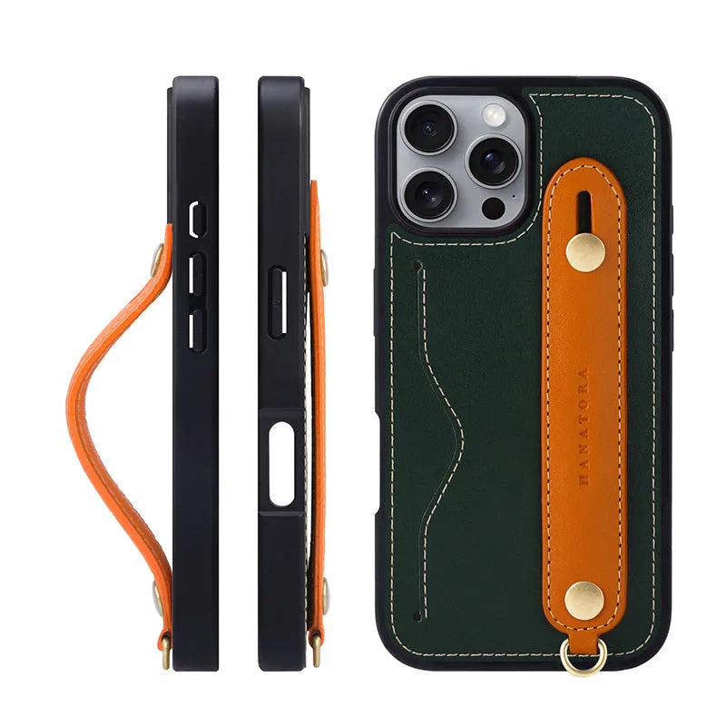 First layer cowhide leather phone case with card holder and lanyard for iPhone 15 Pro Max in blue and black