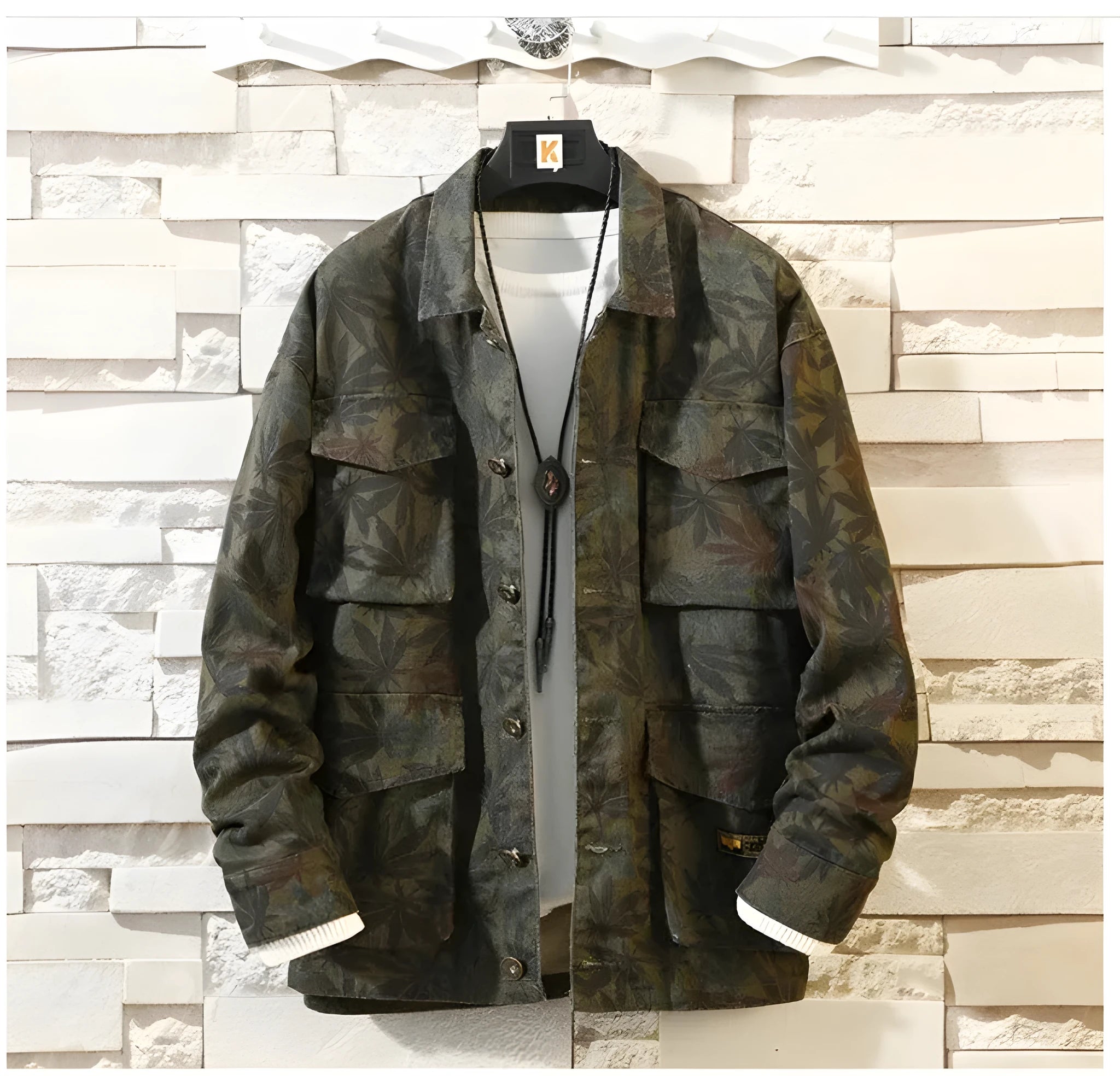 Men's camouflage denim jacket made from cotton cowboy fabric, front view, available in sizes M to 5XL