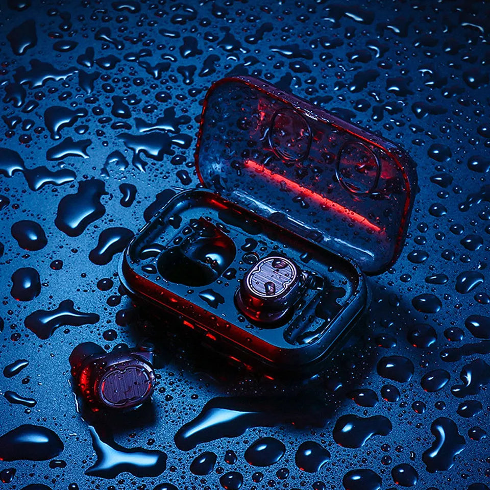 Touch control wireless Bluetooth earbuds in black, white, red, and blue colours showing earbud design.