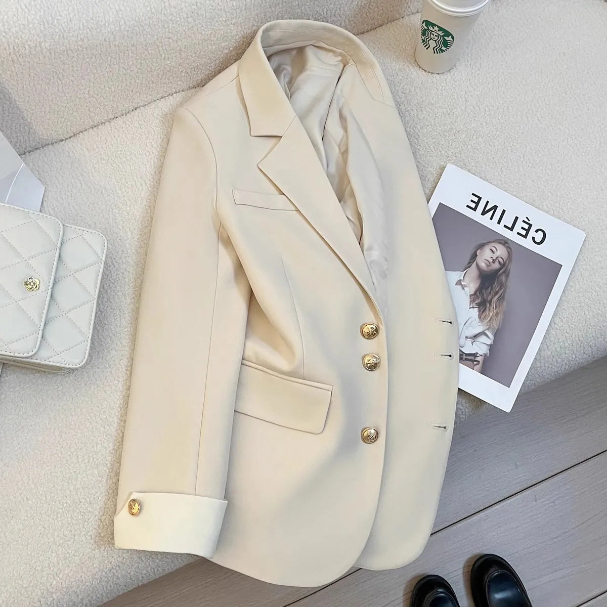 Korean style women's polyester coat in beige with pockets and loose fit design