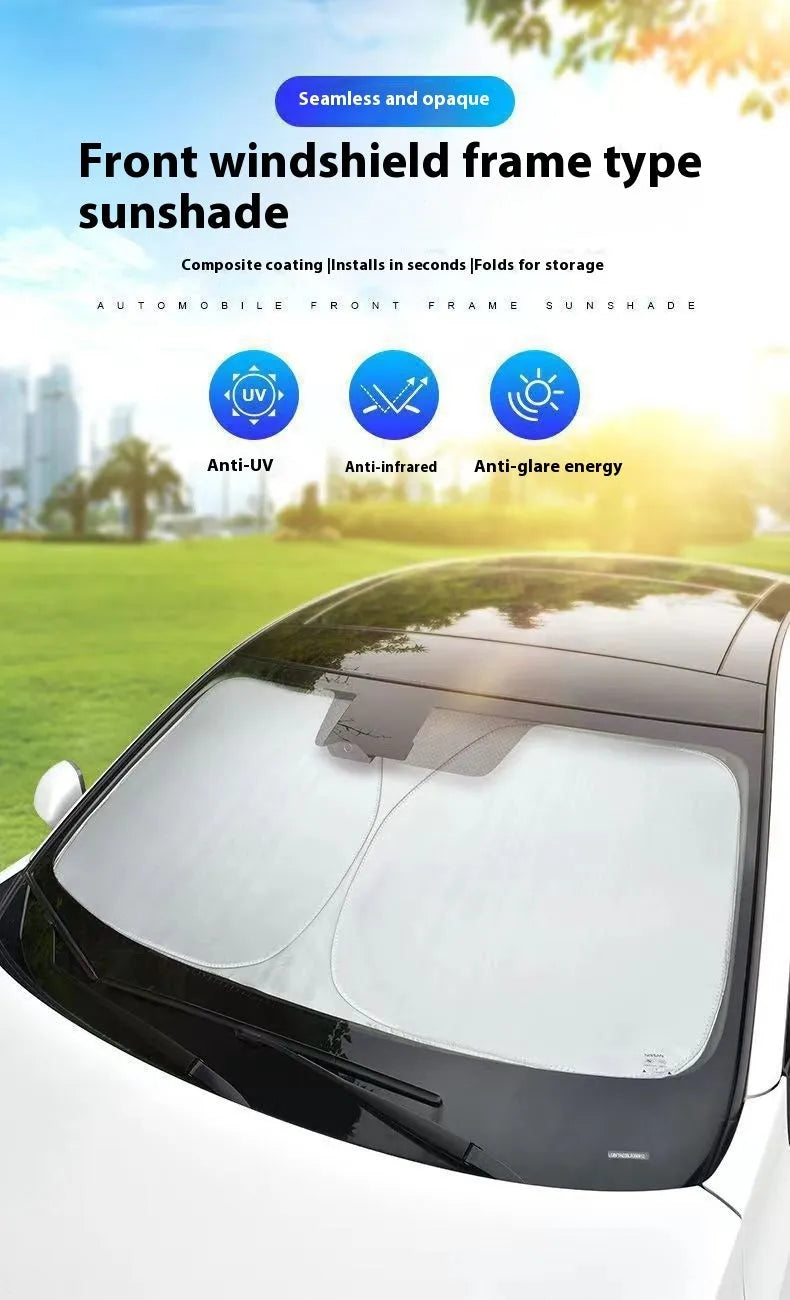 Titanium silver aluminium foil car sunshade folded, showing reflective surface and size options for windscreen heat protection.