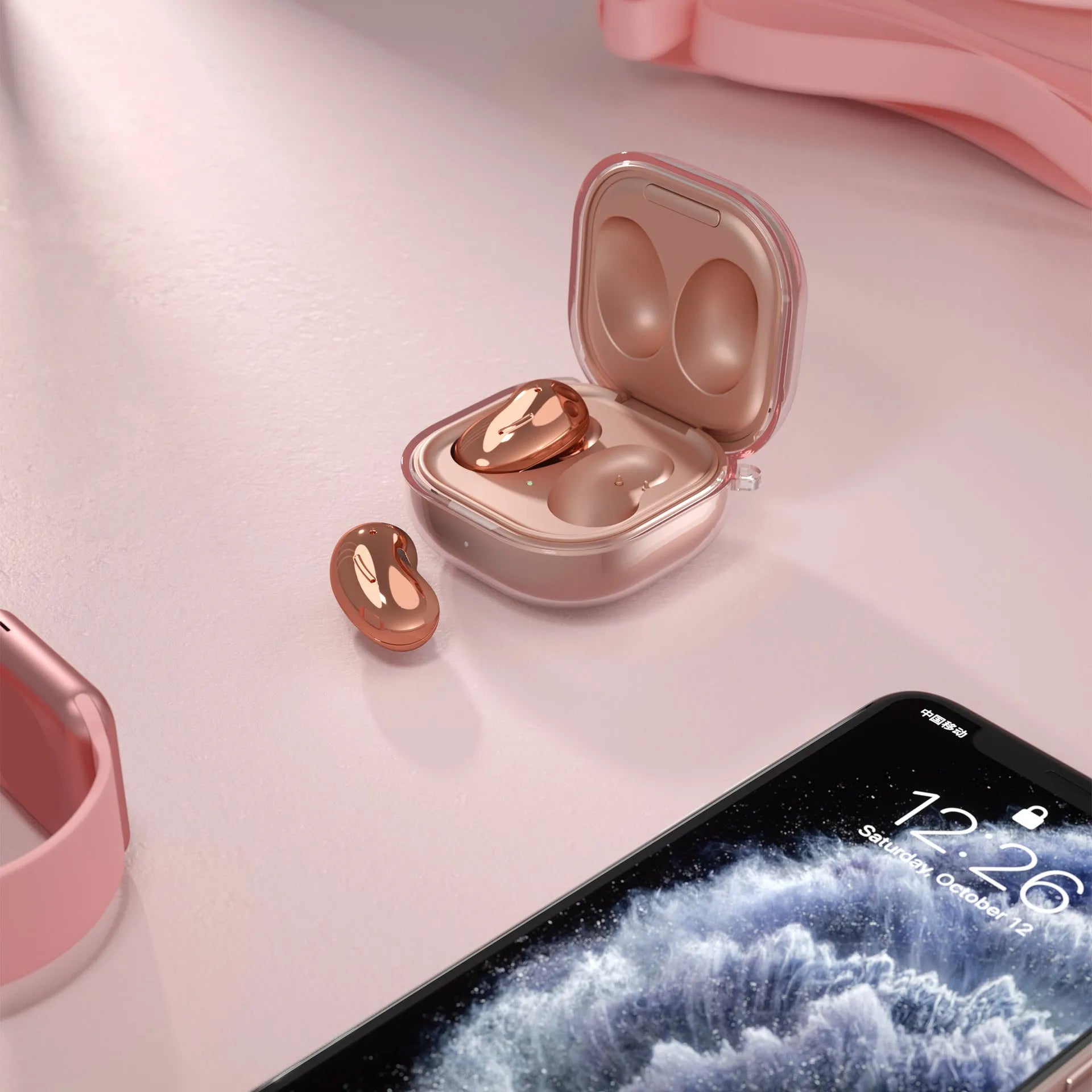 Clear plastic Bluetooth earphone replacement case showing transparent, gold, black, and purple colour options.