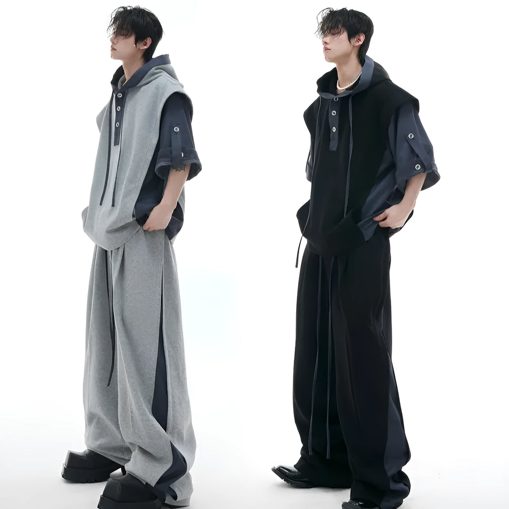 Men's black polyester sports leisure suit with hooded short sleeve jacket and trousers
