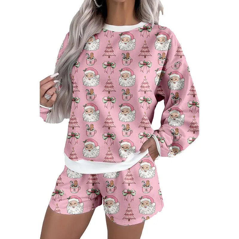 Women's printed long sleeve top and shorts casual suit set in contrast colour, polyester fabric, Japanese Korean style