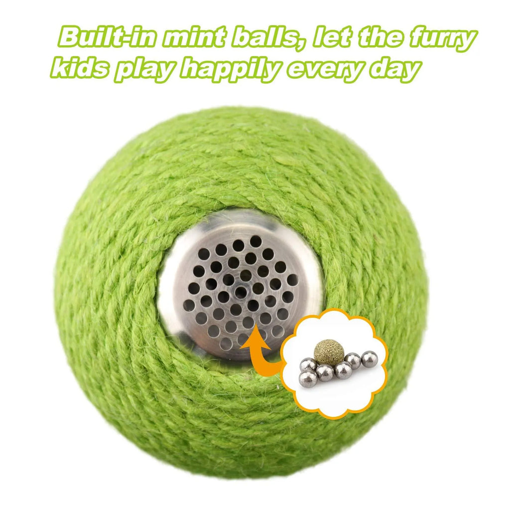 Green cactus-shaped cat tumbler scratcher with sisal ball on a tree tower