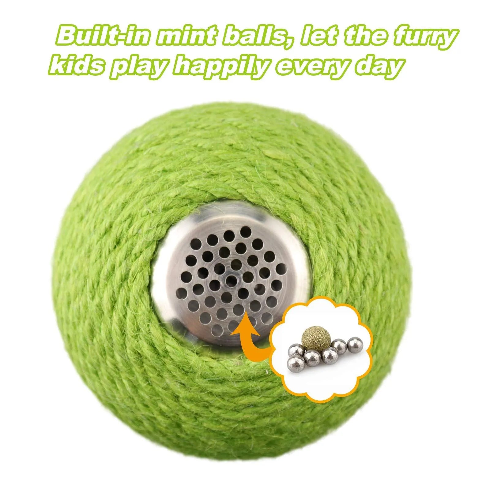 Green cactus-shaped cat tumbler scratcher with sisal ball on a tree tower