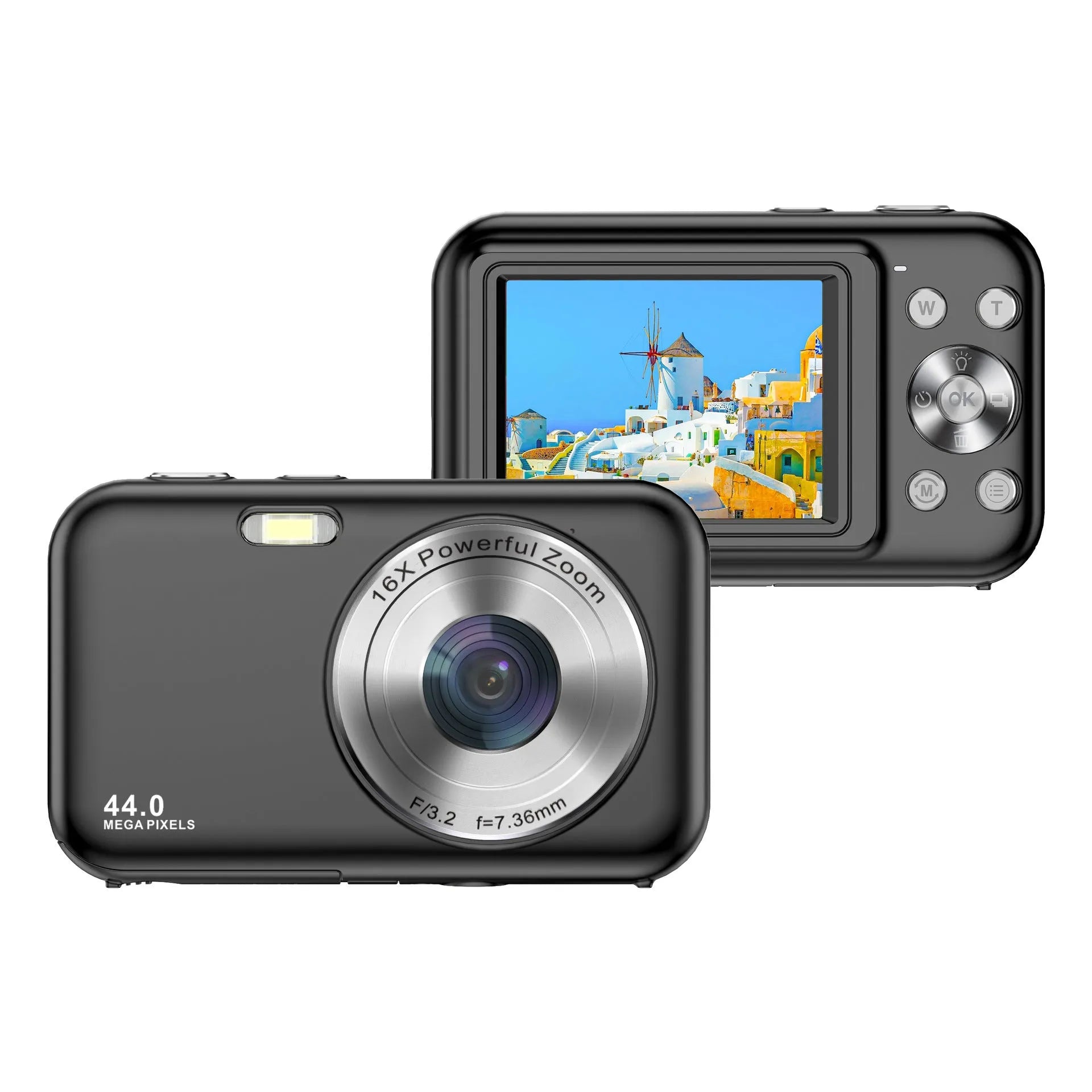 Children's digital camera in purple showing its 2.4-inch screen and lens.