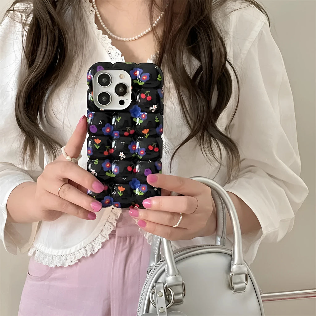 Retro cherry floral plaid TPU phone case for iPhone on black background