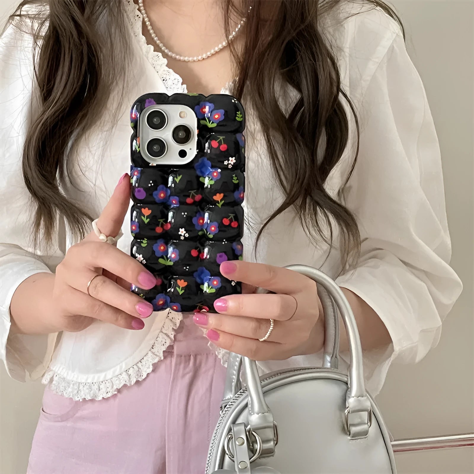 Retro cherry floral plaid TPU phone case for iPhone on black background