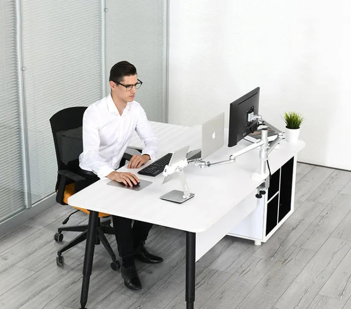 Foldable aluminium phone and tablet stand with black silicone protection showing 360-degree rotation capability