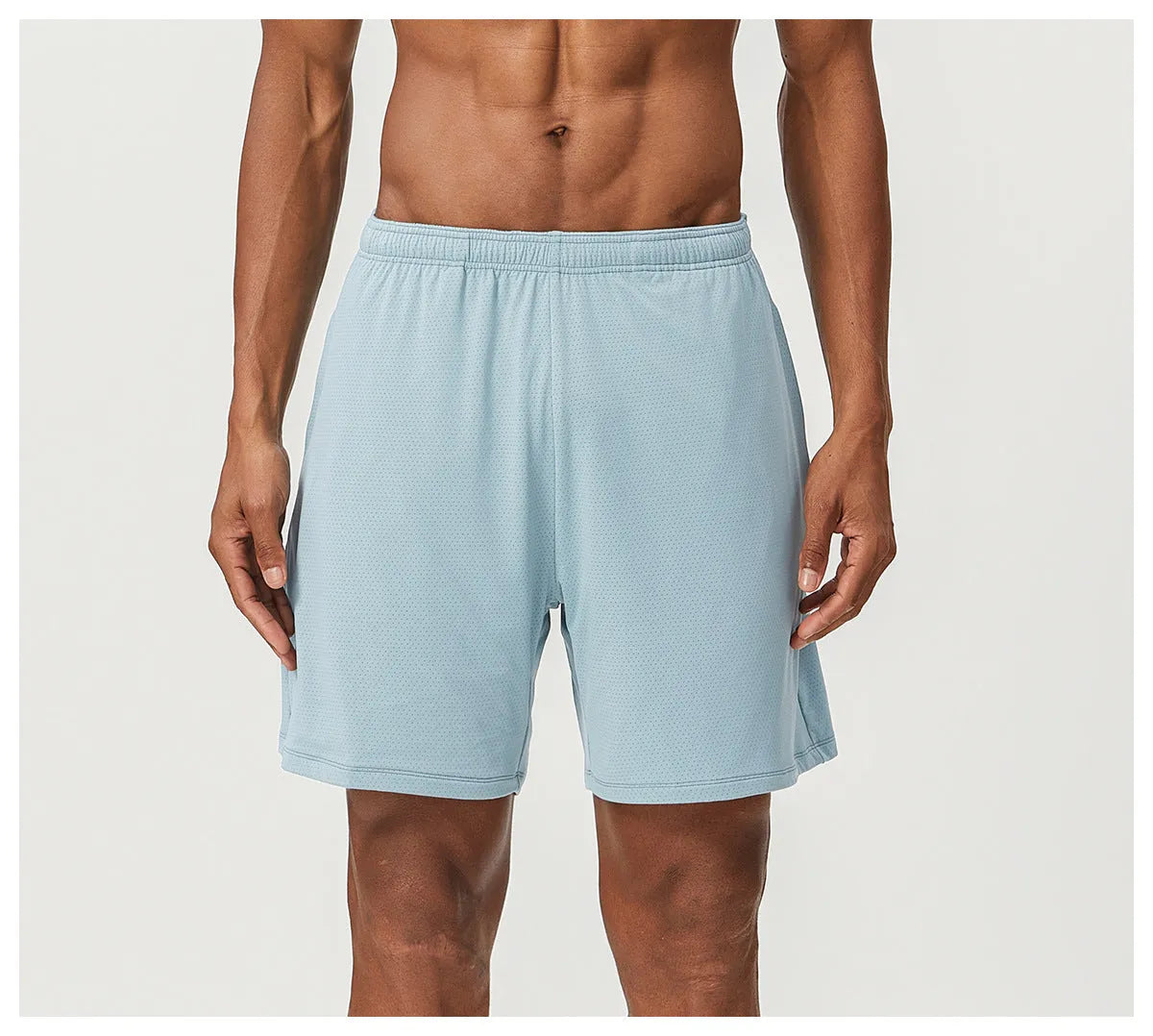 Men's quick-dry nylon running shorts in sky green, shown with a double-layer construction and mid waist fit.