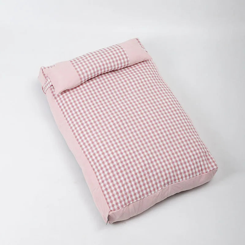 Pet plaid colour matching kennel mattress with removable cover in khaki 60x40cm
