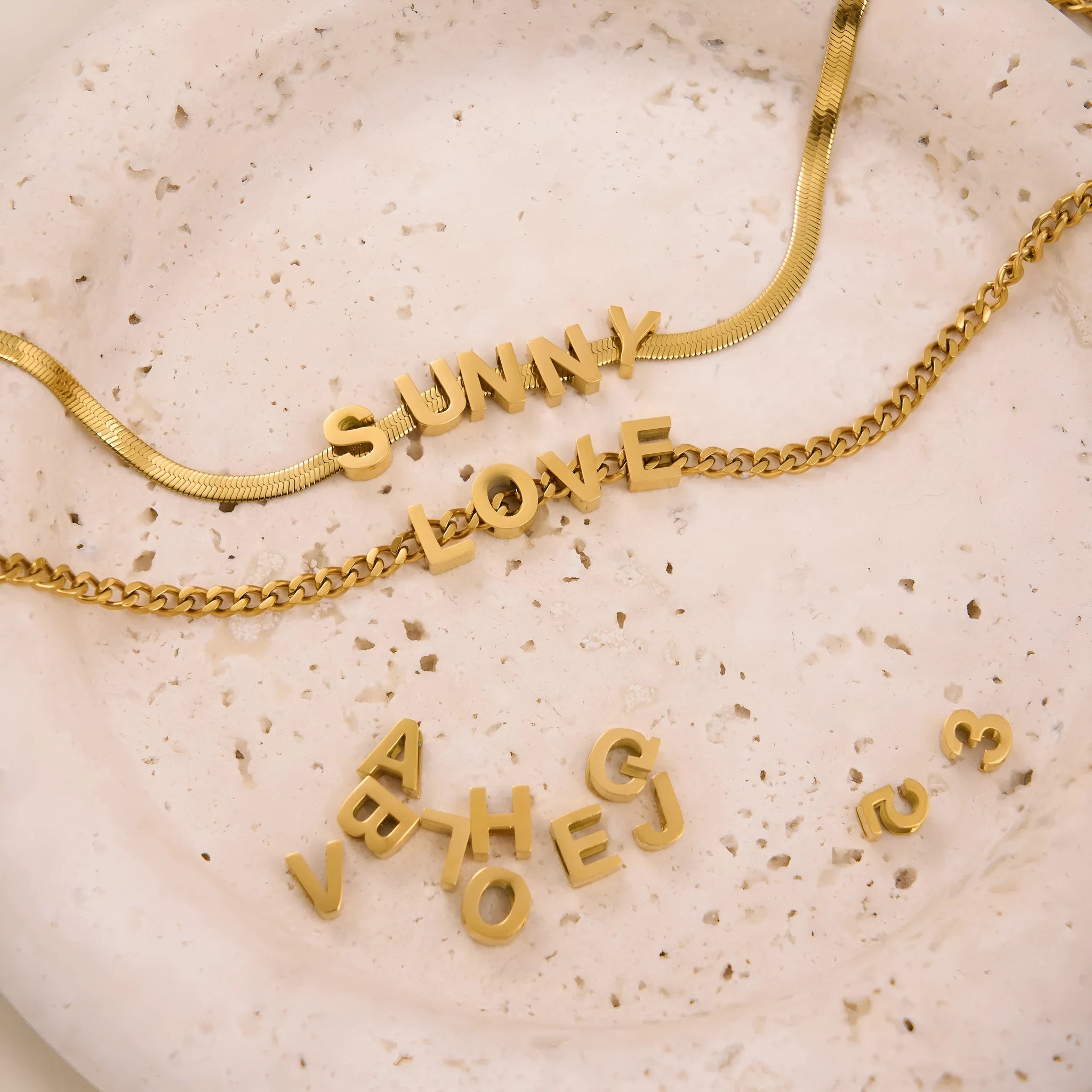 Titanium steel necklace with electroplated gold letter pendant on 40cm chain