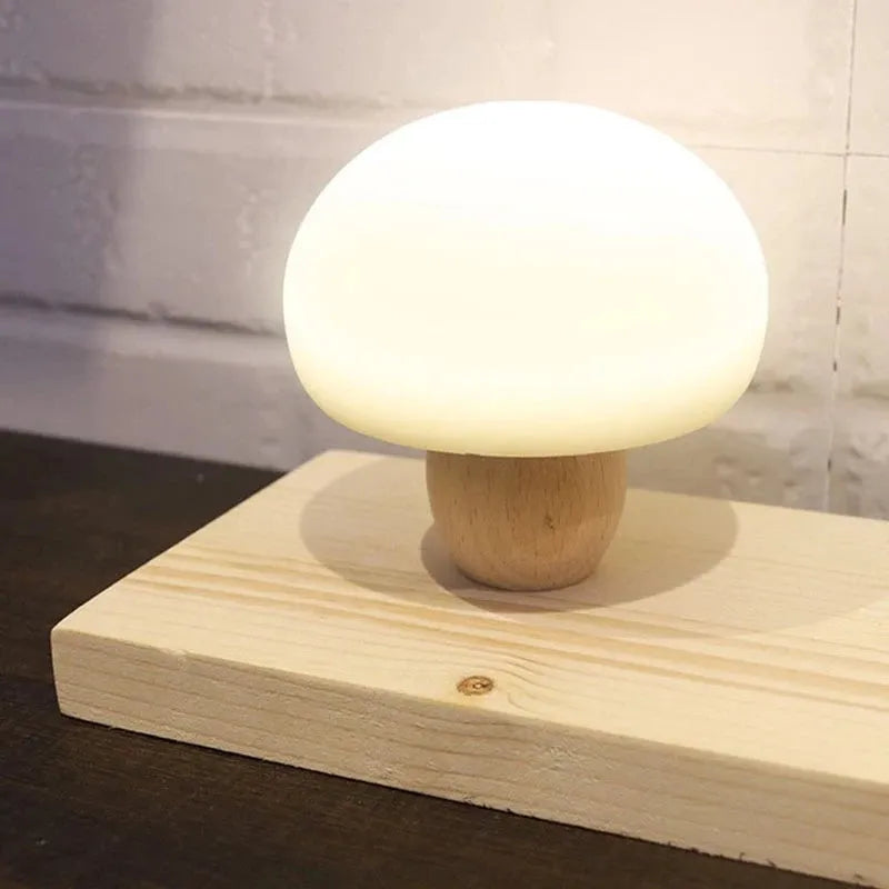 Silicone LED night lamp mushroom shape with wooden base touch switch warm light for children