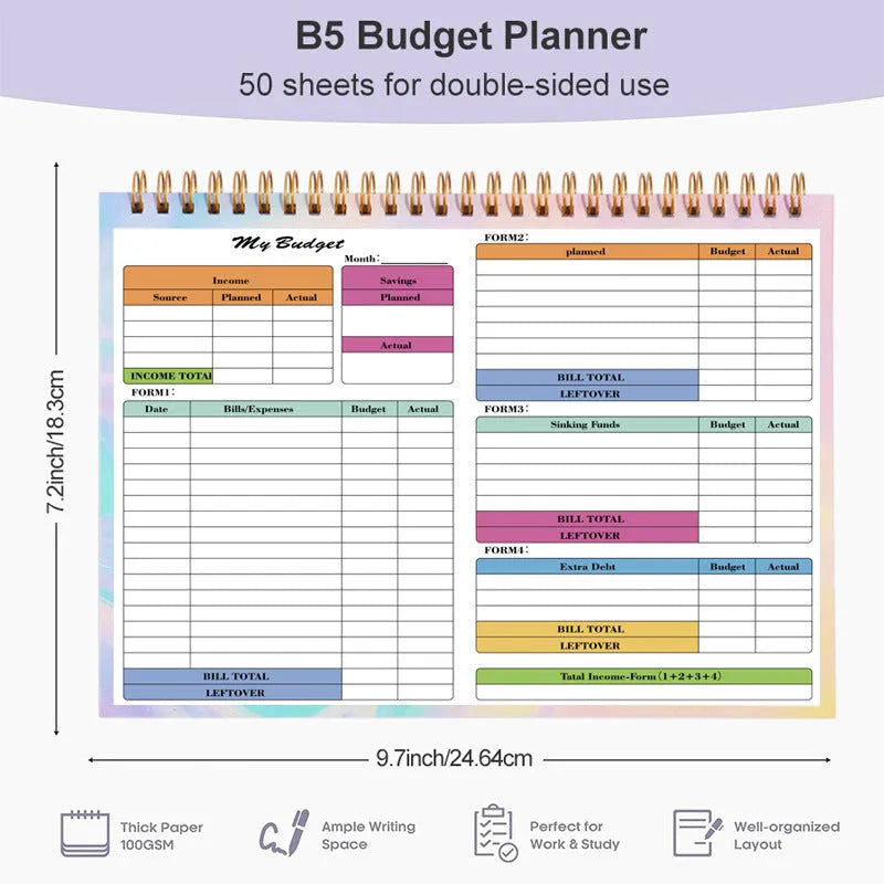 B5 spiral-bound budget tally notebook with a PP cover, open to show numbered pages for income and expenditure tracking.