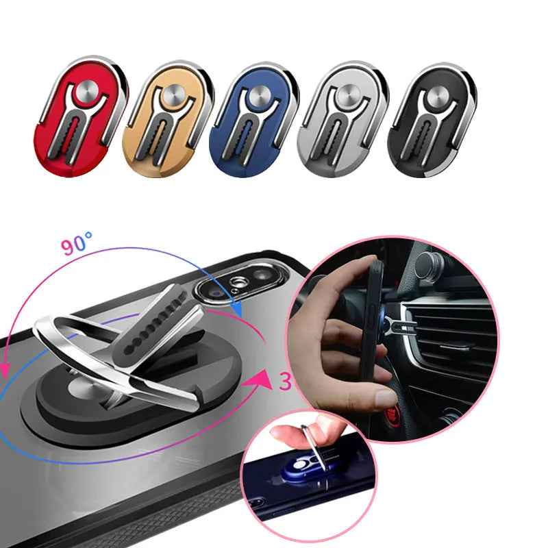 Universal car phone ring bracket with suction cup base and adjustable arms in multiple colours.