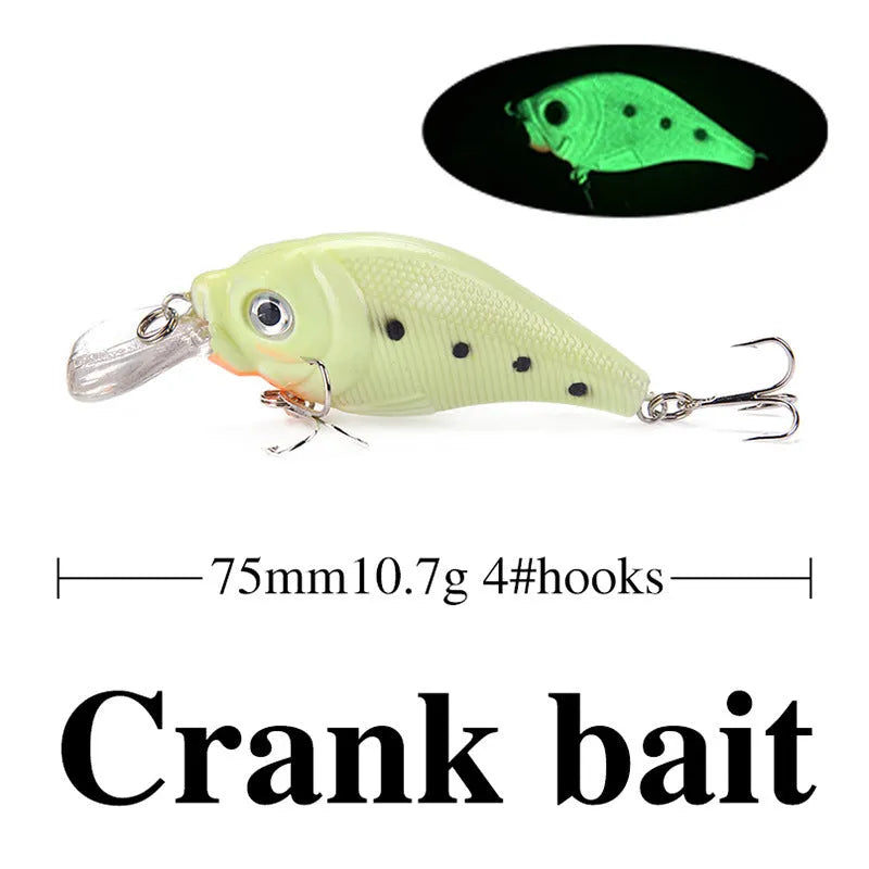Set of five 3D fluorescent hard bait fishing lures on a blue background.
