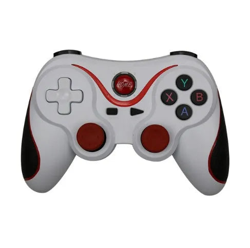 Black and white X3 version wireless Bluetooth game controller for Android phones with mobile phone clip.