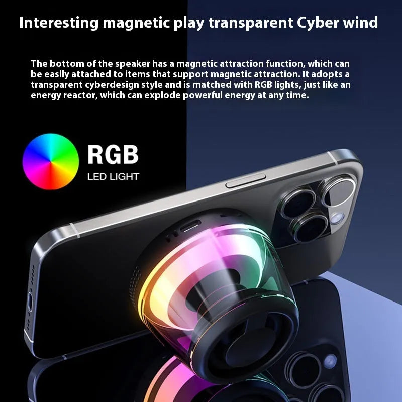 White or black mini Bluetooth speaker with magnetic back, ambient light, and card slot.