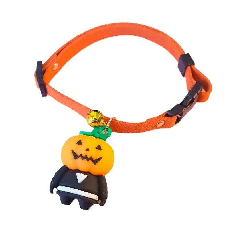 A polyester Halloween dog collar with a cartoon pattern, shown in Pumpkin Man, Luminous Kid, and Luminous Skull designs.