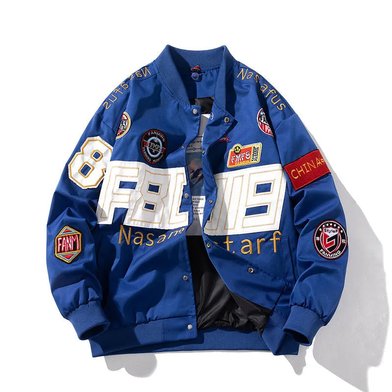Black loose-fit motorcycle baseball jacket with detachable hood on a hanger