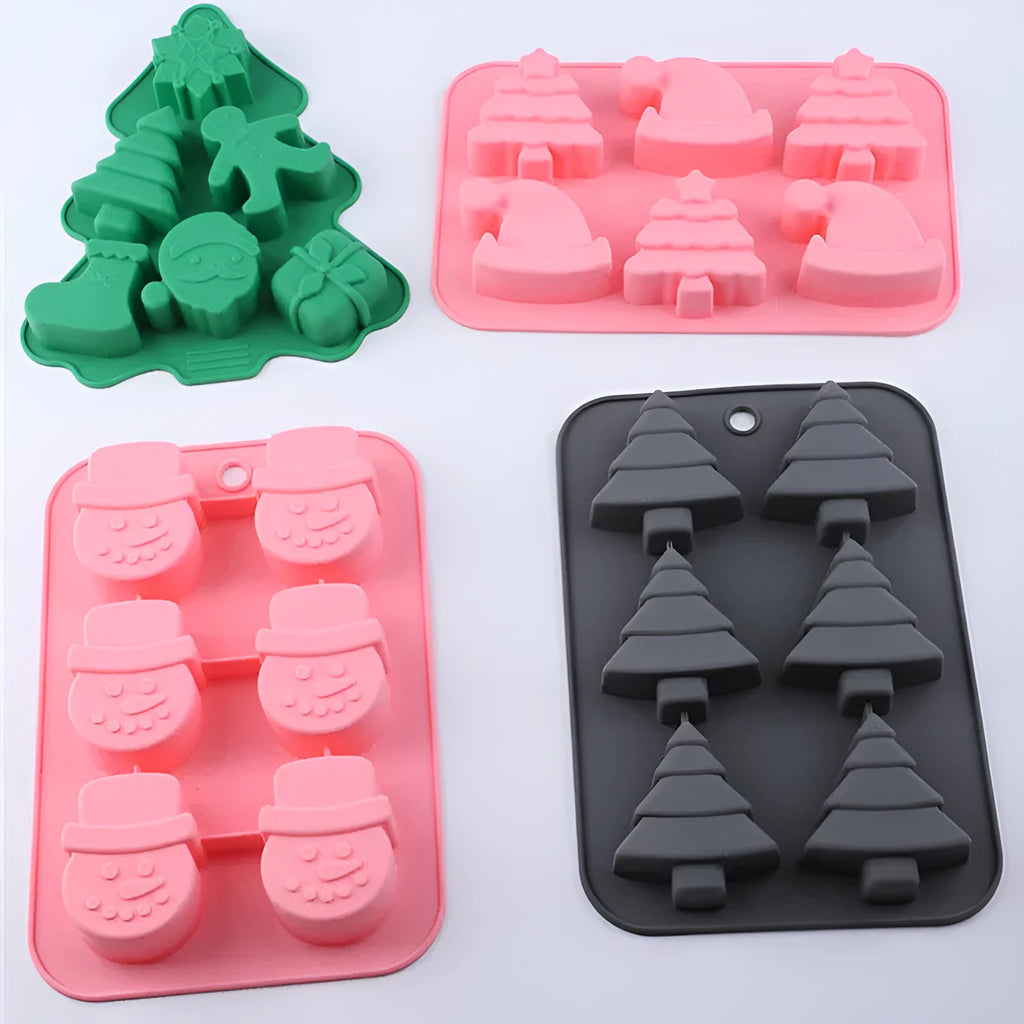 Christmas silicone 6-grid baking mold with festive shapes including tree and snowman