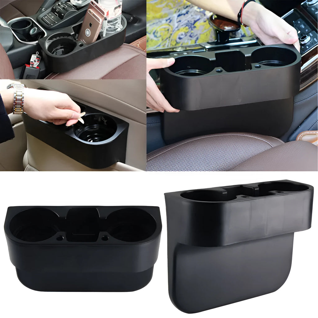 PP plastic car cup holder with two cup seats and sundries compartment in black, 21x28x10cm, for seat back mounting