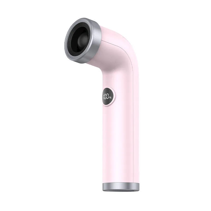 Bladeless handheld fan in apricot, pink or yellow colour on a desk.