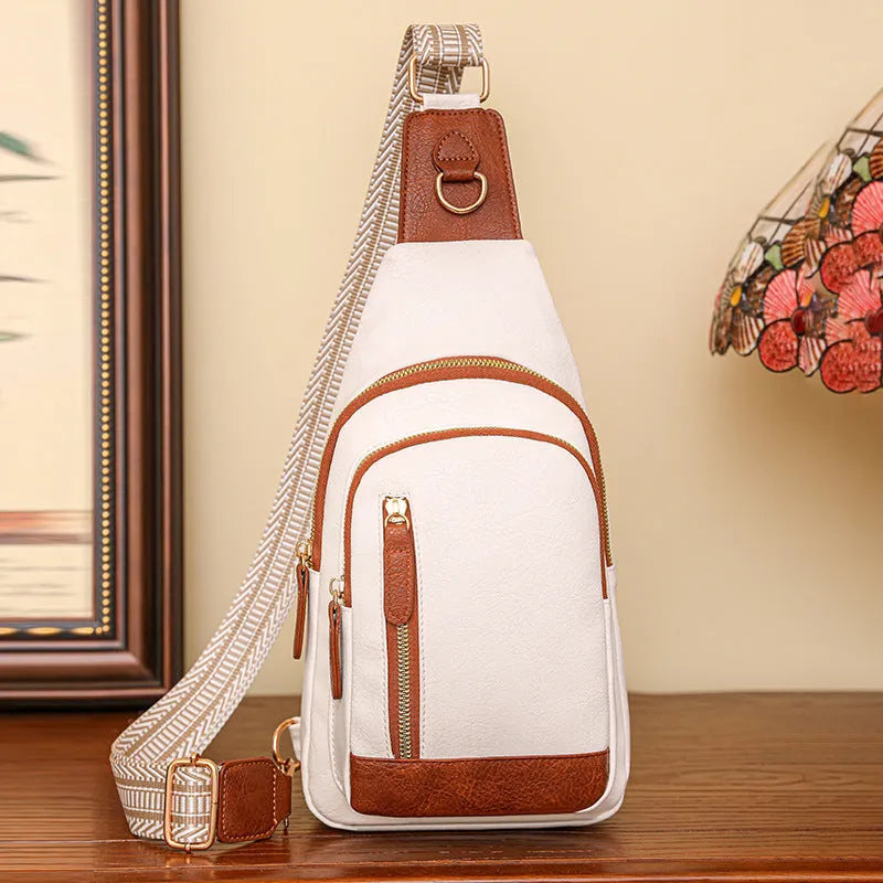 Soft brown PU women's crossbody messenger bag with an open front pocket and visible stitching.
