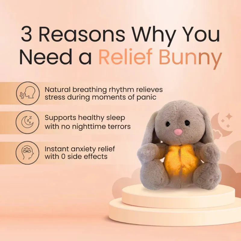 Breathing rabbit plush toy with moving belly, music functions, and soft fabrics for infant comfort