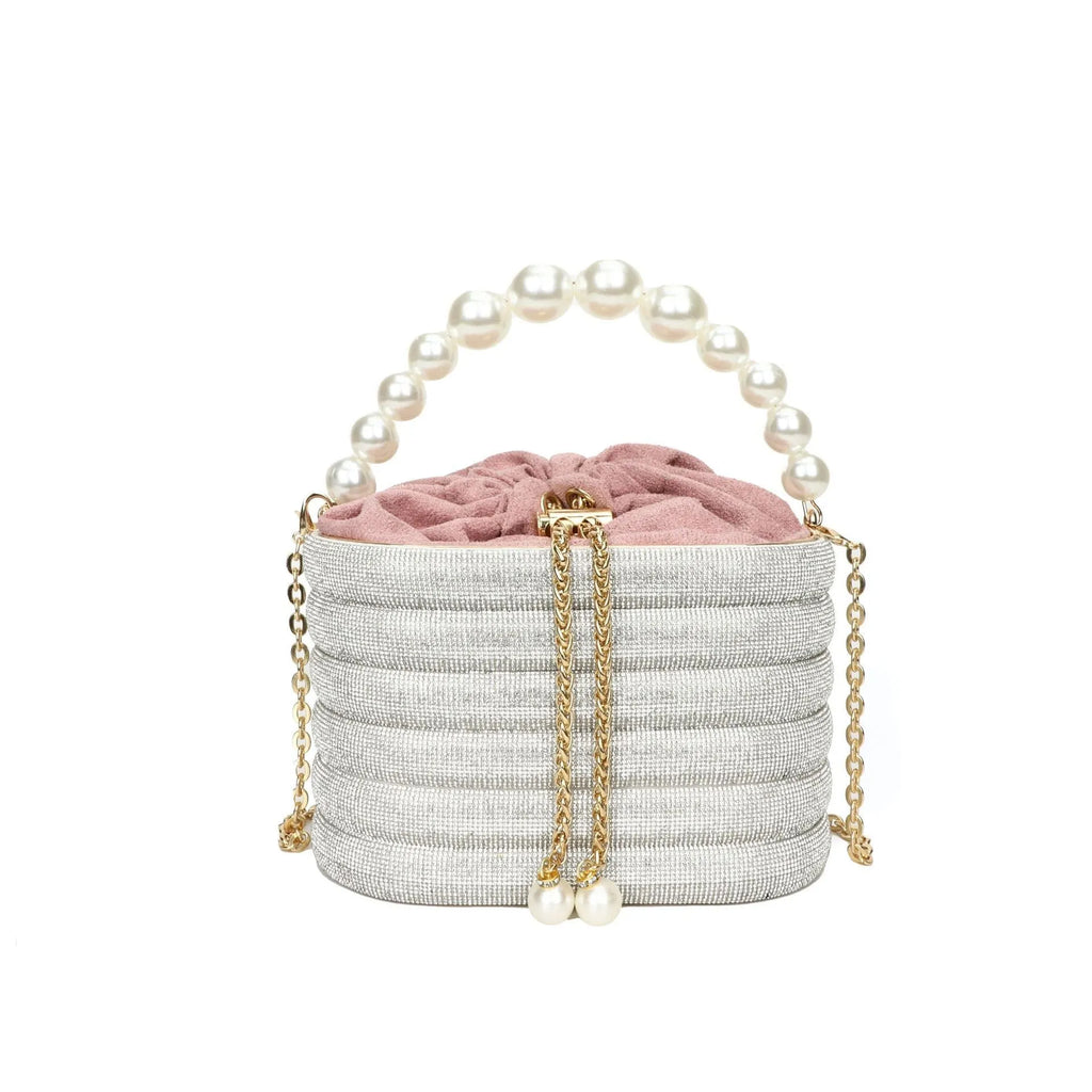 Women's round retro crossbody bag with pearl beading in soft PU material, shown in multiple colours.