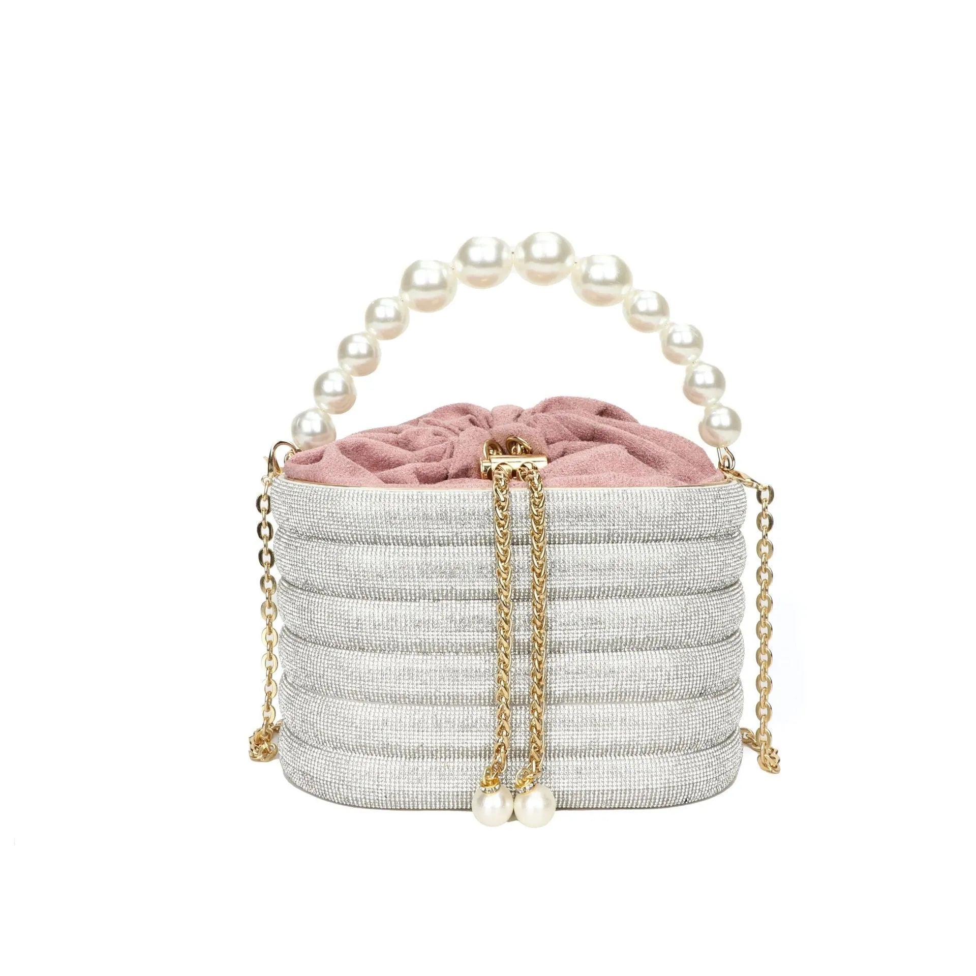 Women's round retro crossbody bag with pearl beading in soft PU material, shown in multiple colours.