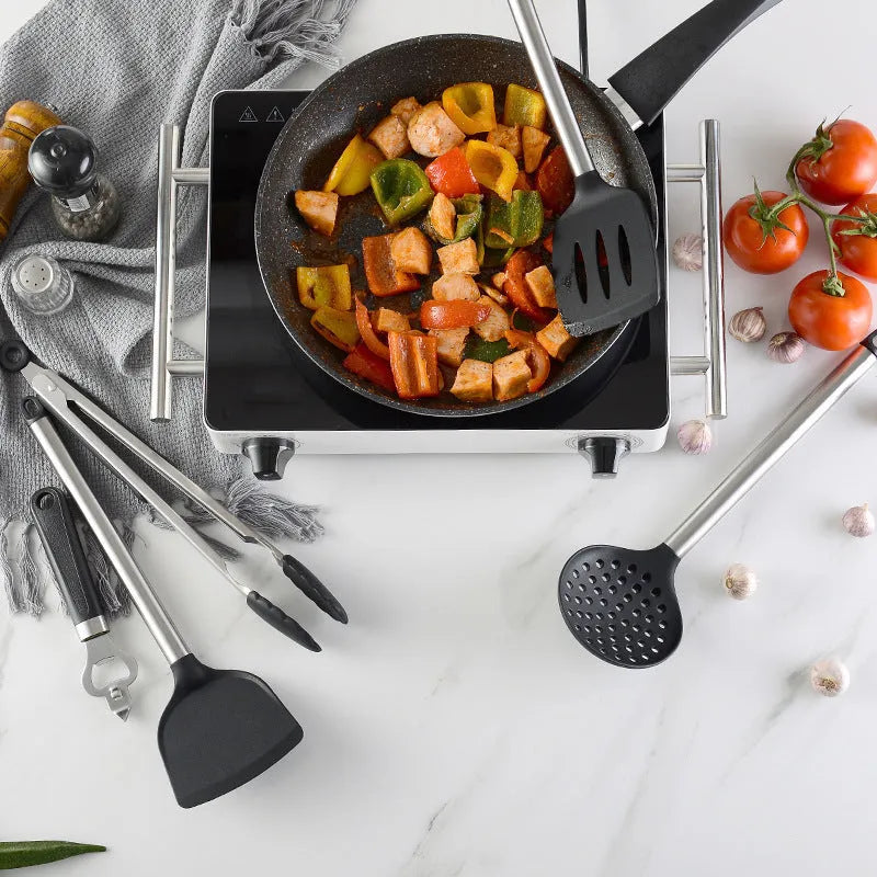 Black silicone spatula and spoon kitchen utensil set with stainless steel handles - 16 pieces