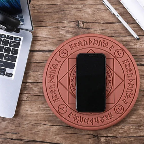 10W fast wireless charger with magic array LED glowing pattern on an ultra-thin black ABS base.