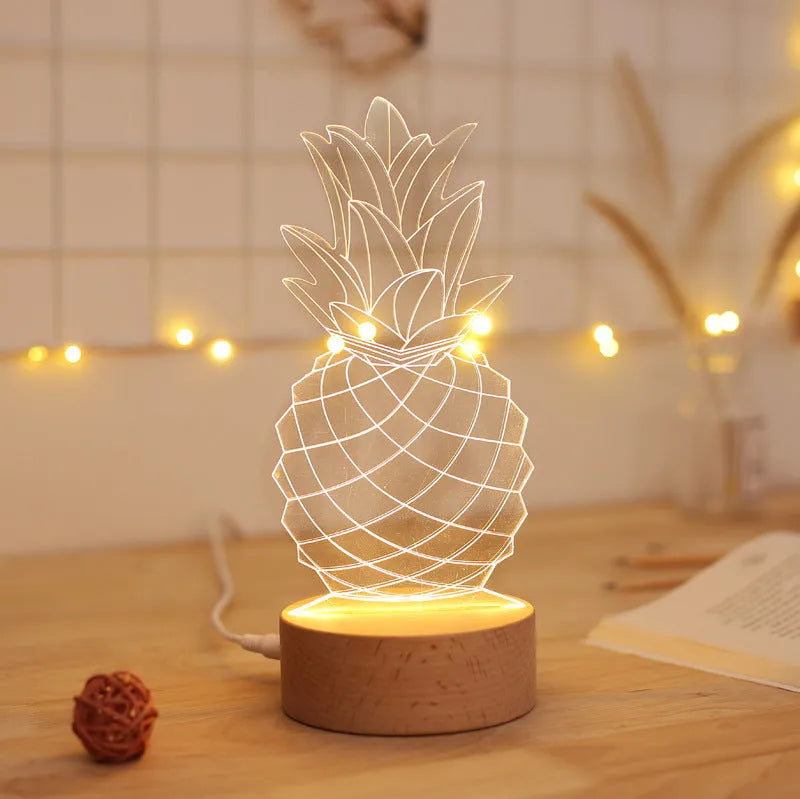 Wood and acrylic cartoon pineapple USB bedside lamp with dimming switch on a table.