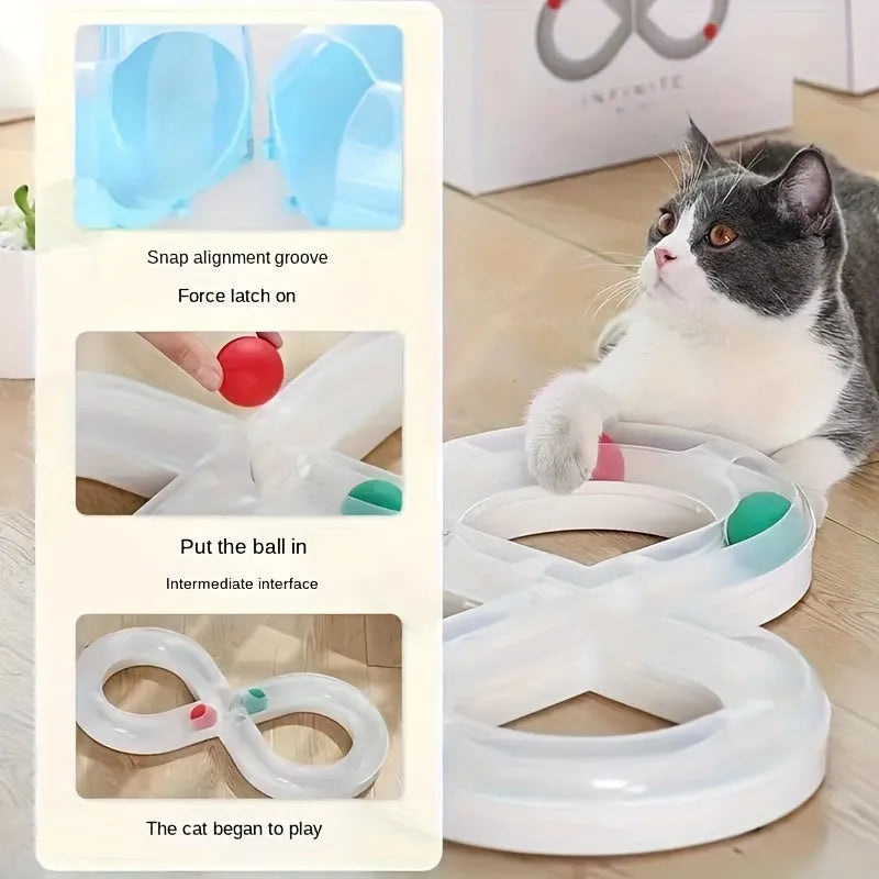 Multipack of four cat toys including a blue turntable track, a ball, and a teasing stick.