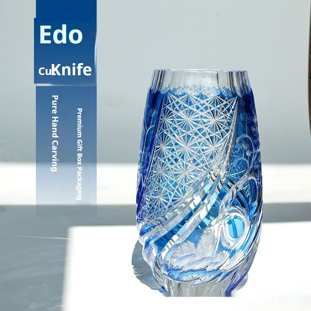 Blue cut crystal glass cup 80x190mm with Japanese-Jianghu style on a table