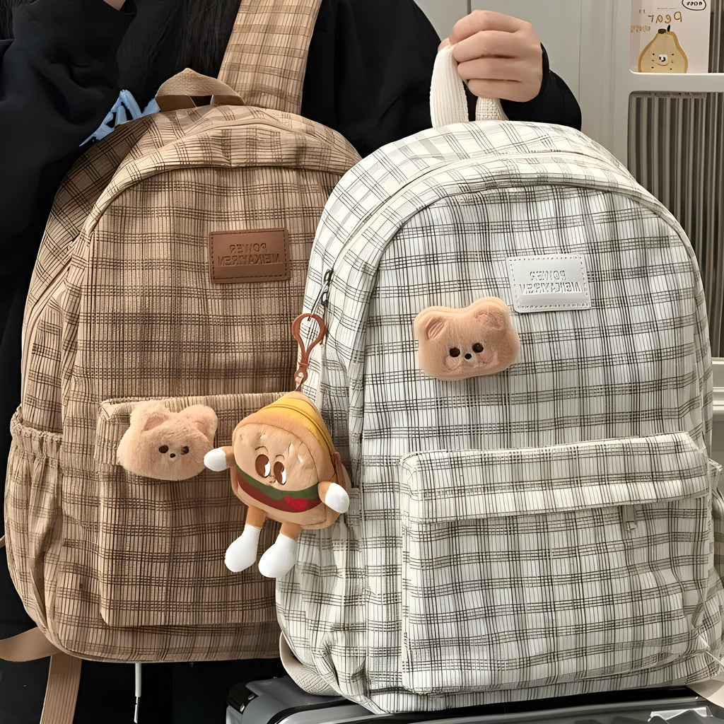 Japanese Ins retro checked corduroy backpack in khaki, 42x30x15cm, with main compartment and computer pocket