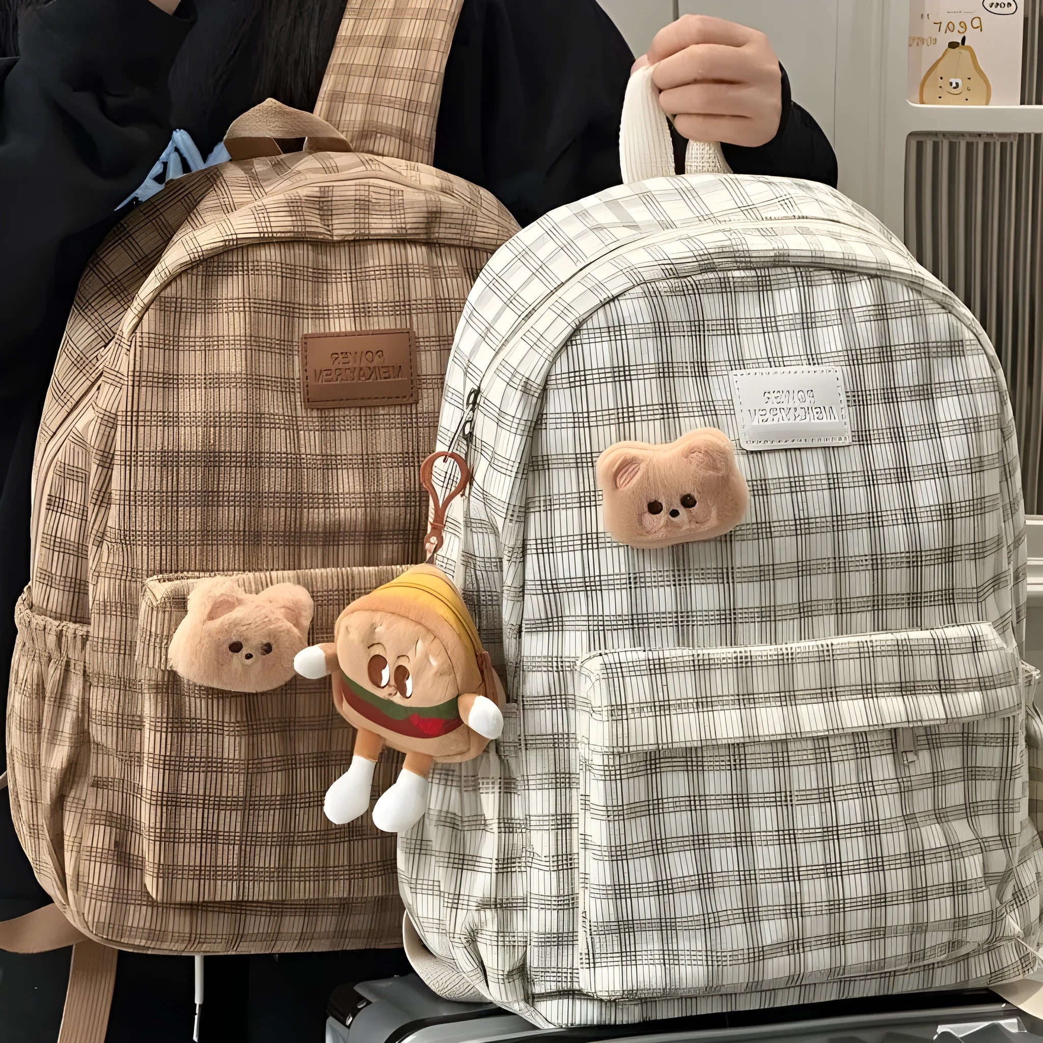 Japanese Ins retro checked corduroy backpack in khaki, 42x30x15cm, with main compartment and computer pocket