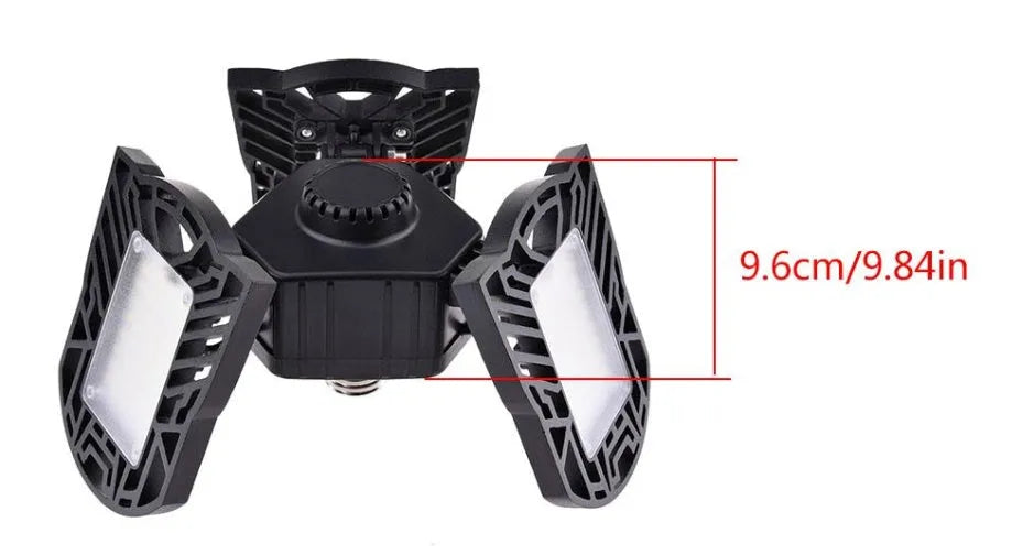 60W 6000 lumen deformable garage light with three adjustable heads, aluminium housing, E27 connector