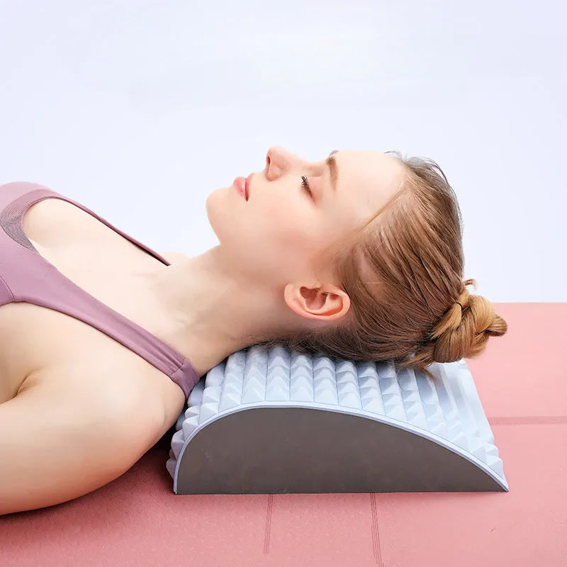 Blue EVA foam back stretcher pillow for lumbar support and acupressure massage.