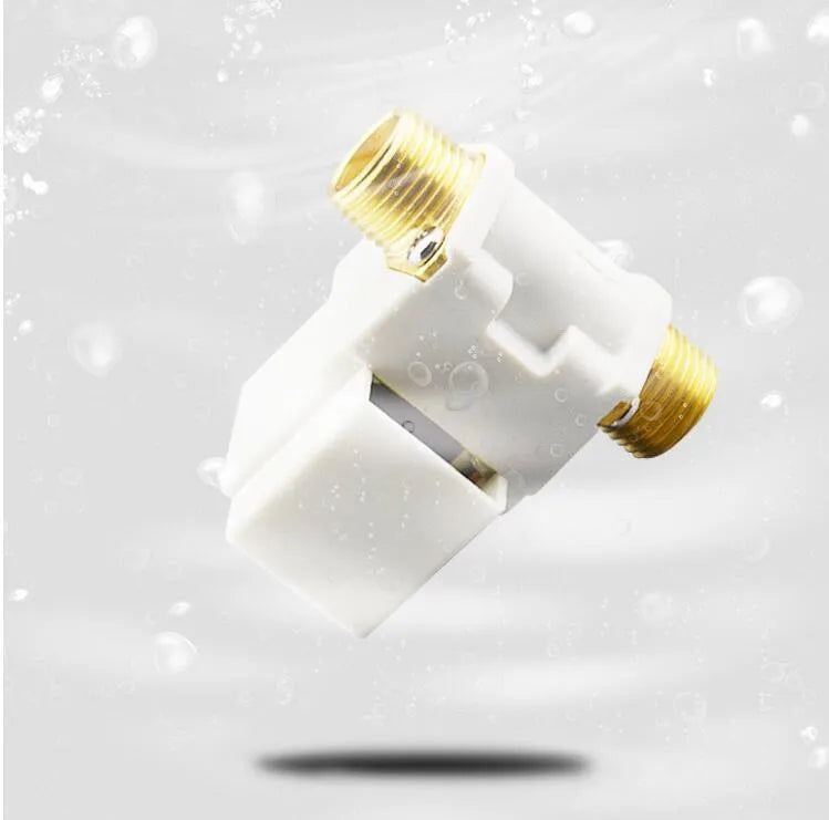 A04 DC12V normally closed water solenoid valve with plastic body and copper joint, external screw connection, 4 tube ports