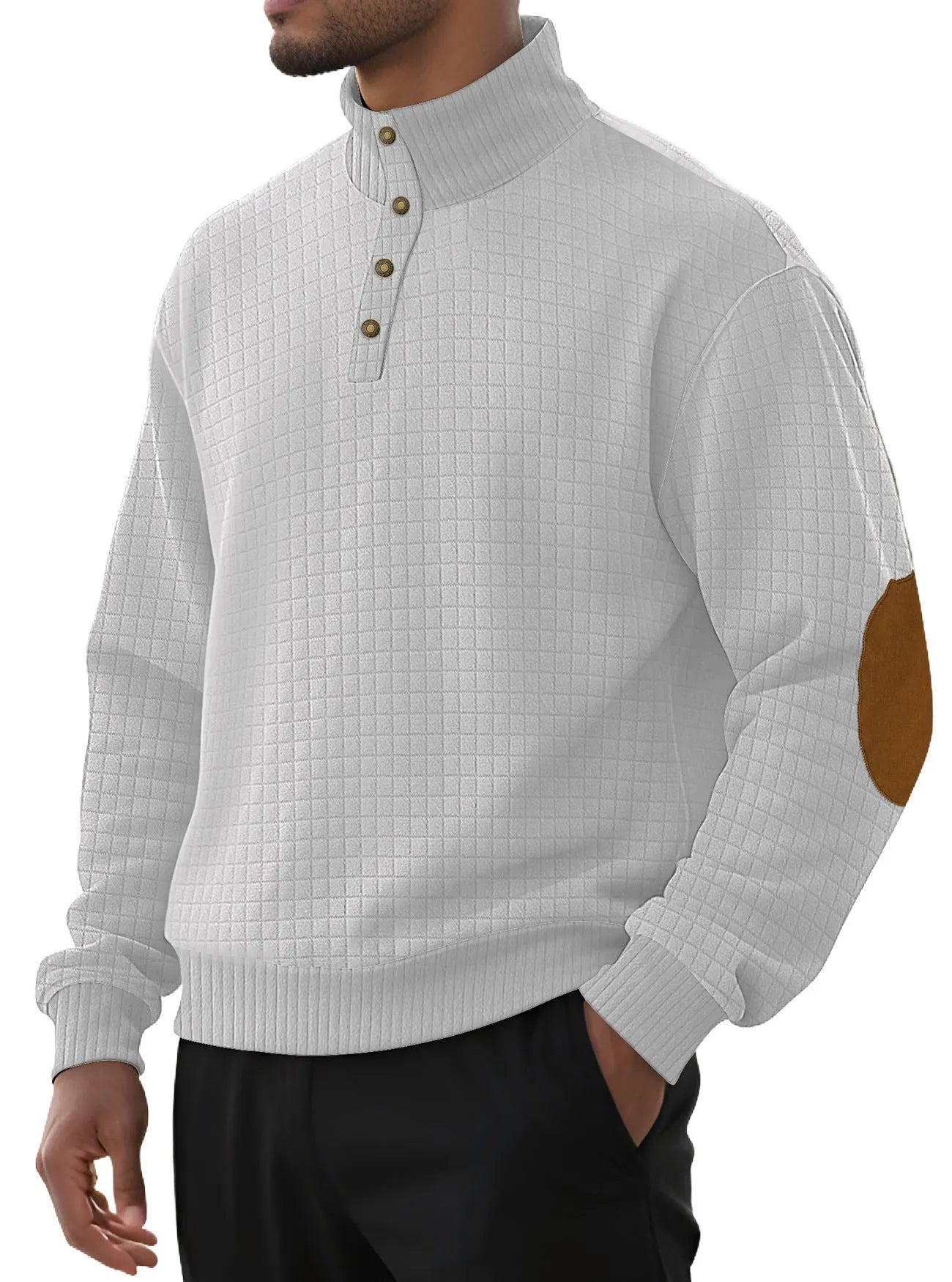 Men's casual jacquard small plaid stand collar long-sleeved sweater in khaki, polyester blend, full front view