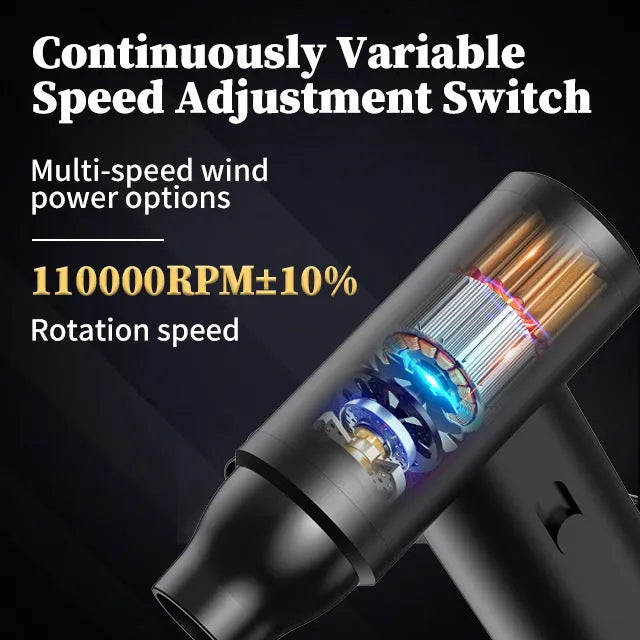 Mini rechargeable handheld dust blower with brushless motor, USB power, and continuous speed control