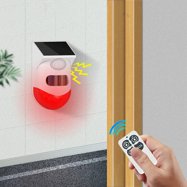 Solar-powered human body infrared sensing alarm with wireless remote control for outdoor property security