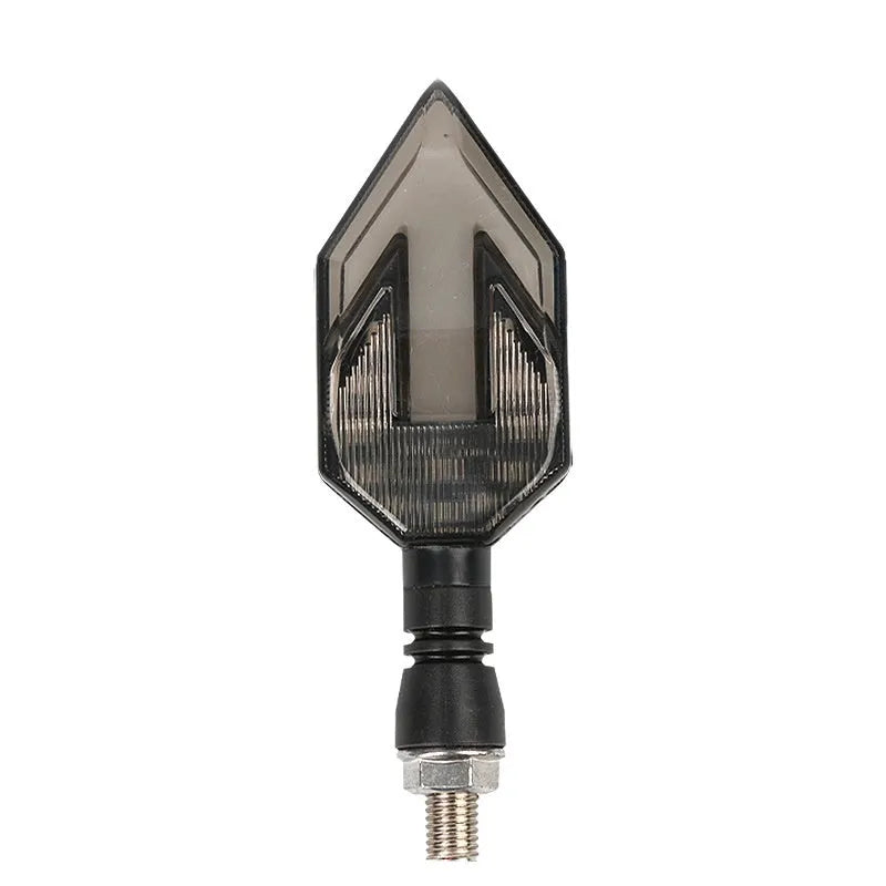 Arrow-shaped LED motorcycle turn signal light with 12V label and ABS plastic housing.