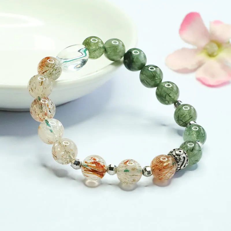 Green quartz rutilated and black gold Super Seven crystal bracelet Chinese style