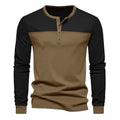 Men's retro colour block long sleeve base shirt with upper black and lower brown sections, polyester pullover style