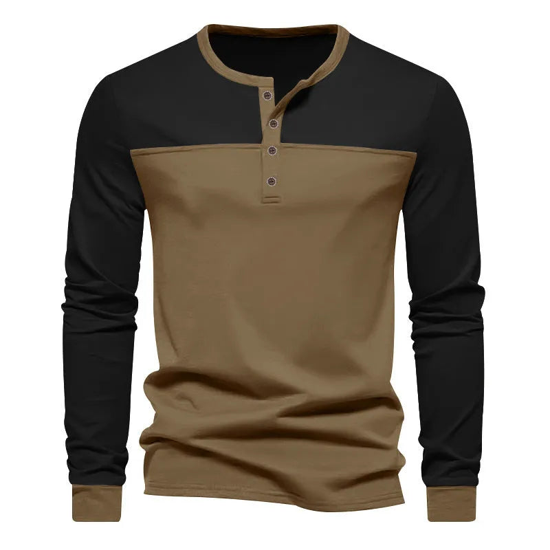 Men's retro colour block long sleeve base shirt with upper black and lower brown sections, polyester pullover style